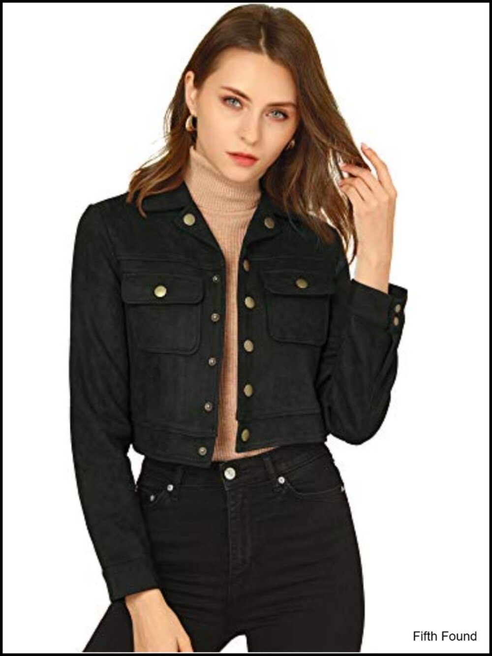 Faux Suede Cropped Jacket Button Down Snap Collar Flap Pockets Short Coat
